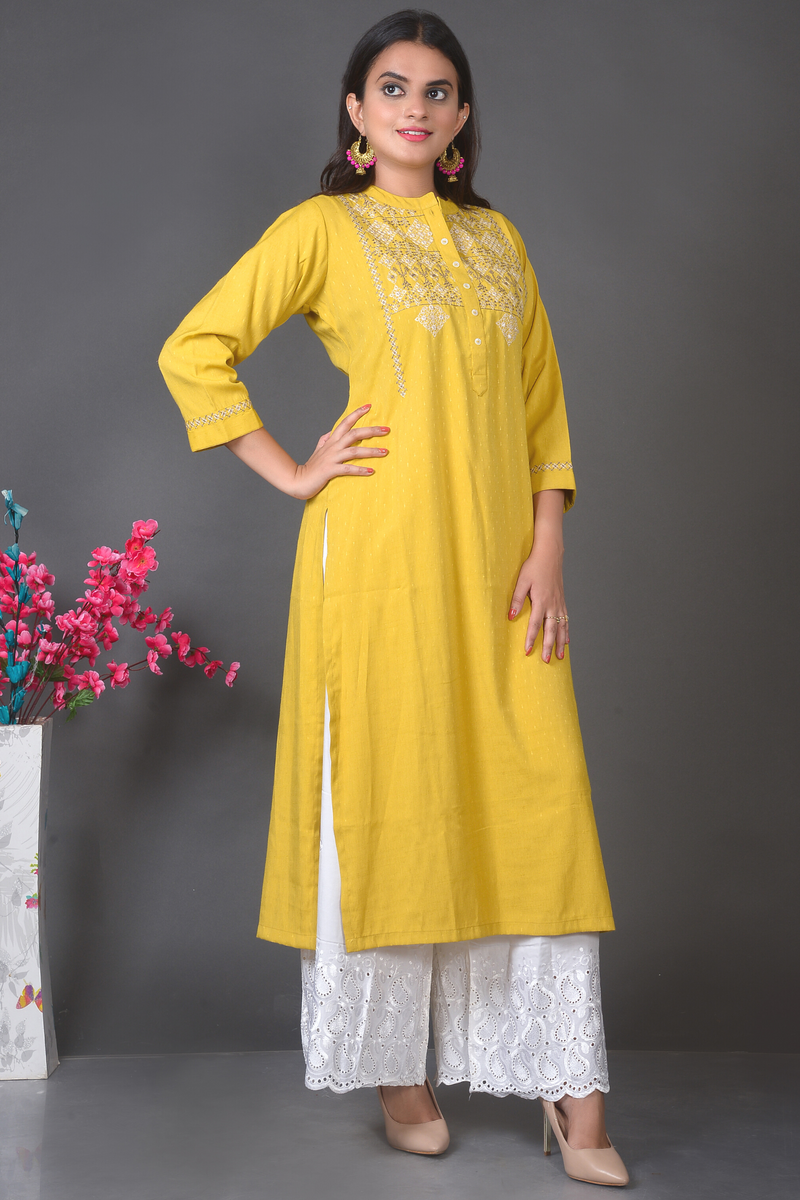 Mustard Rayon Cotton Kurta