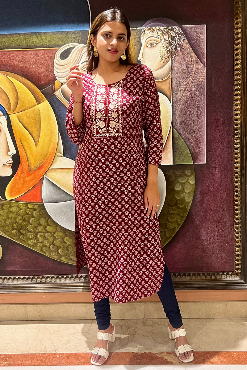 Ajrak Print Maroon Kurta