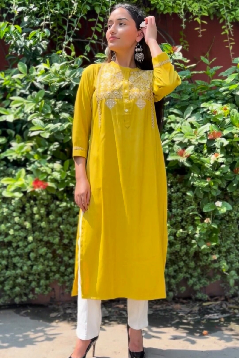 Mustard Rayon Cotton Kurta