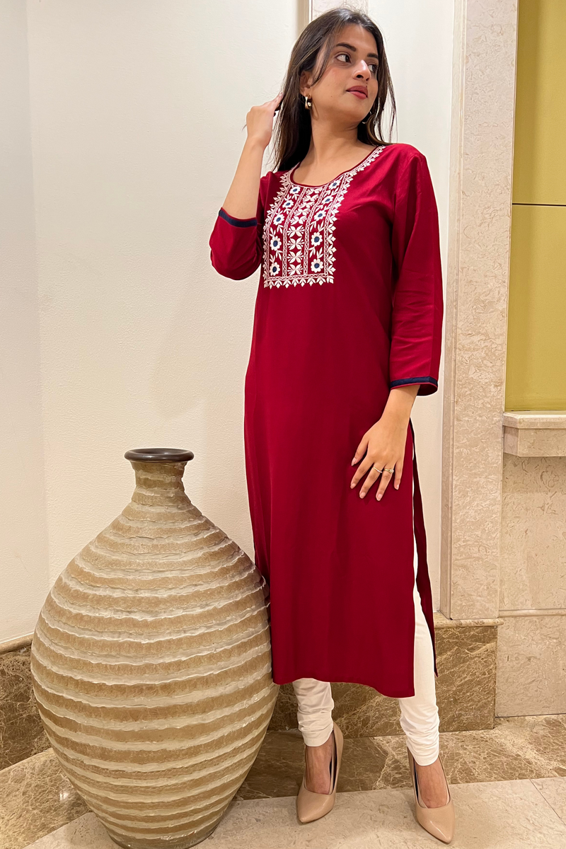 Maroon Resham Embroidery kurta