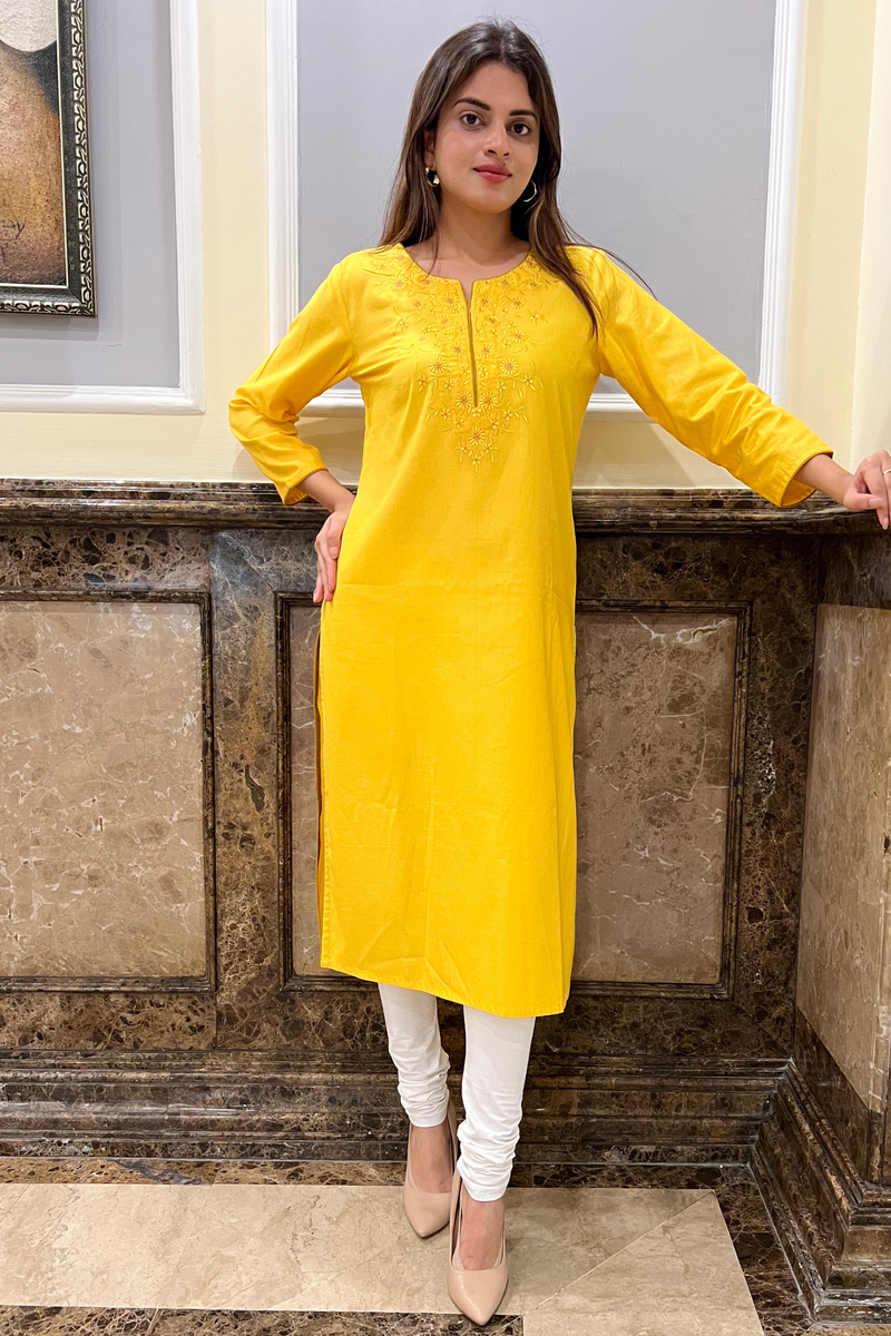 Yellow Embroidery A- Line Kurta