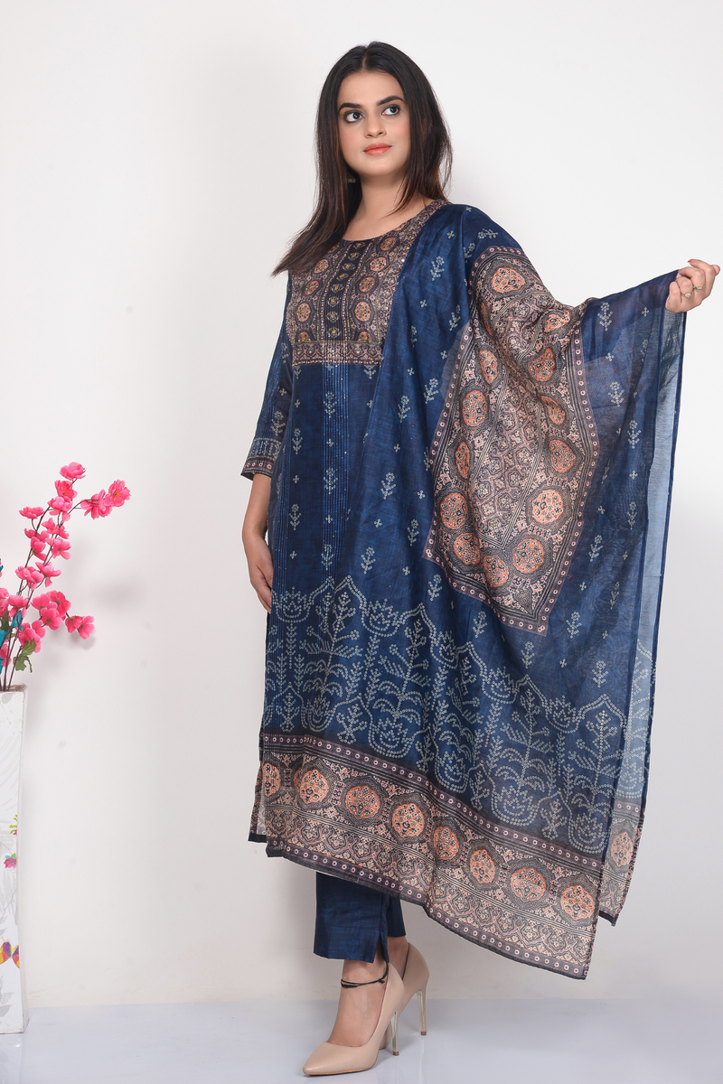 Navy Blue Chanderi Coord Set